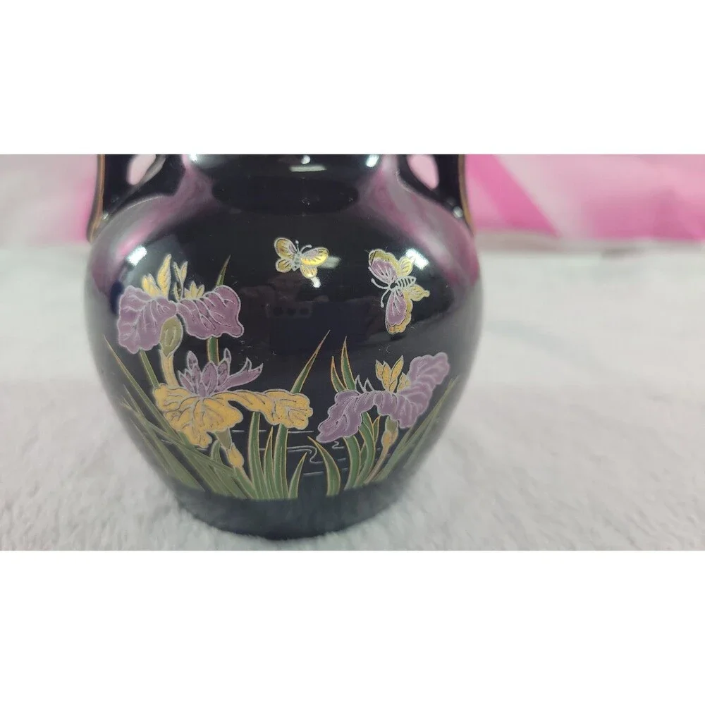 VTG Asian Double-Handle Porcelain Black Vase Gold-Trim Butterfly Floral 4